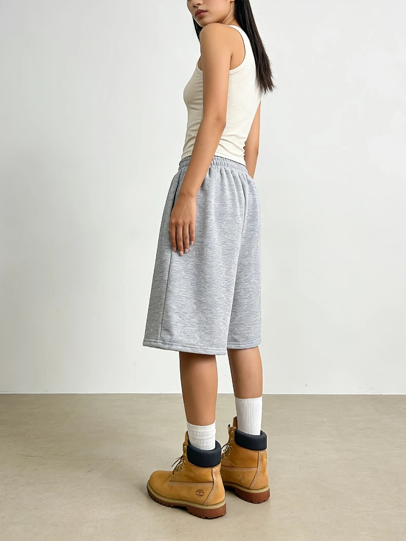 Women's Casual Sports Shorts, Elastic Waist, Wide Leg, Straight Leg, Five-Point Shorts, Loose Fit, Drawstring  short pants women