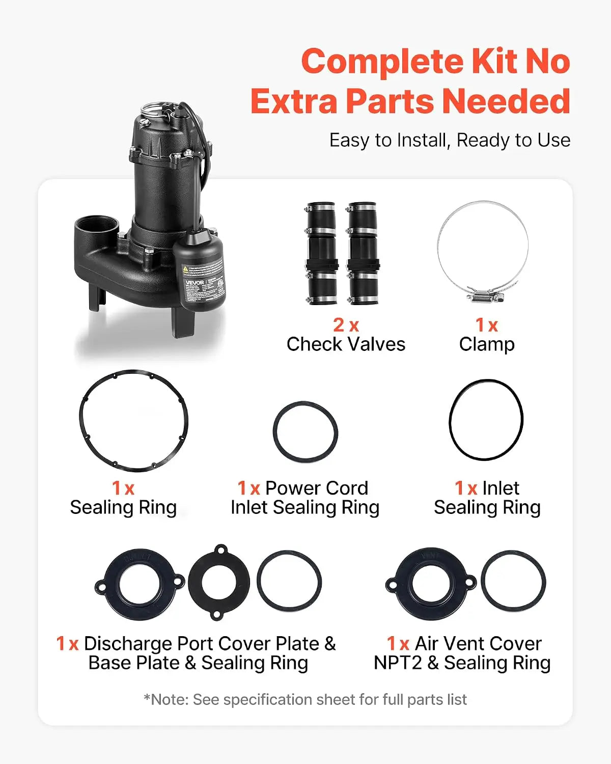 VEVOR 1/2HP Sewage Pump 4800GPH Cast Iron Basin Kit 120V Auto Float 2"