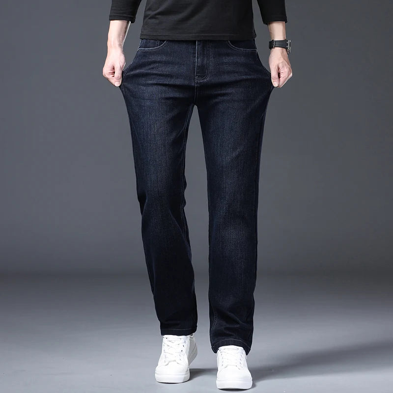 Classic Straight Men's Jeans Spring Slightly Thick Elastic Casual Office Business Trousers Fashion Comfort Washed Denim Pants