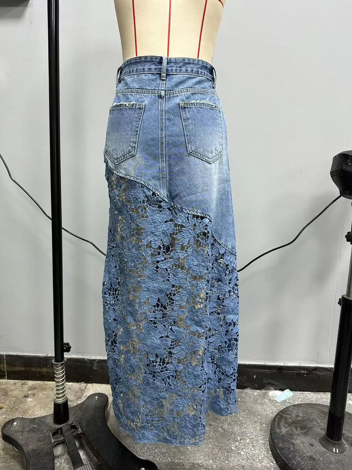 Washed Denim Lace Trim Pencil Skirt Long Bodycon Skirts Spring Summer