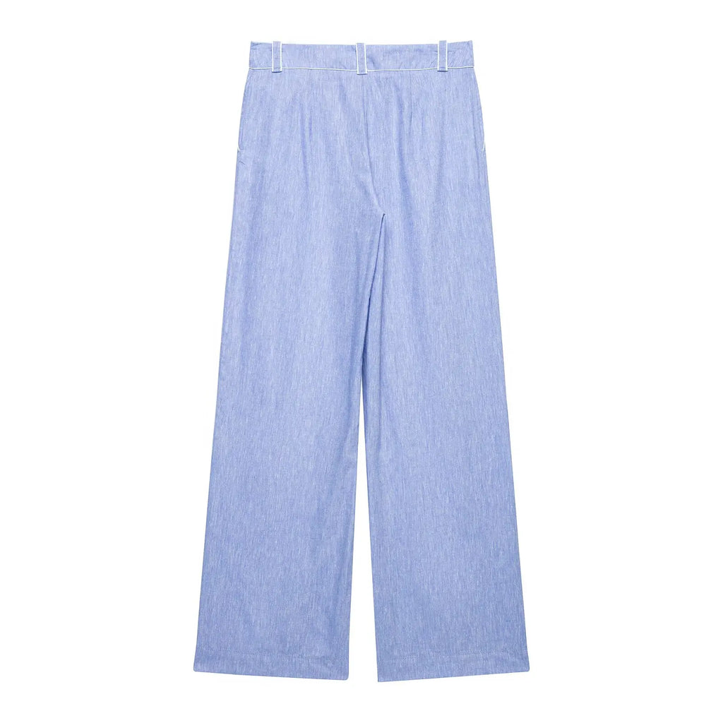 Women's High-Waist Pants Set Two Piece New 2026 Summer V-Neck Blouse with Piping and Straight Leg Pants Chic Female Outfit