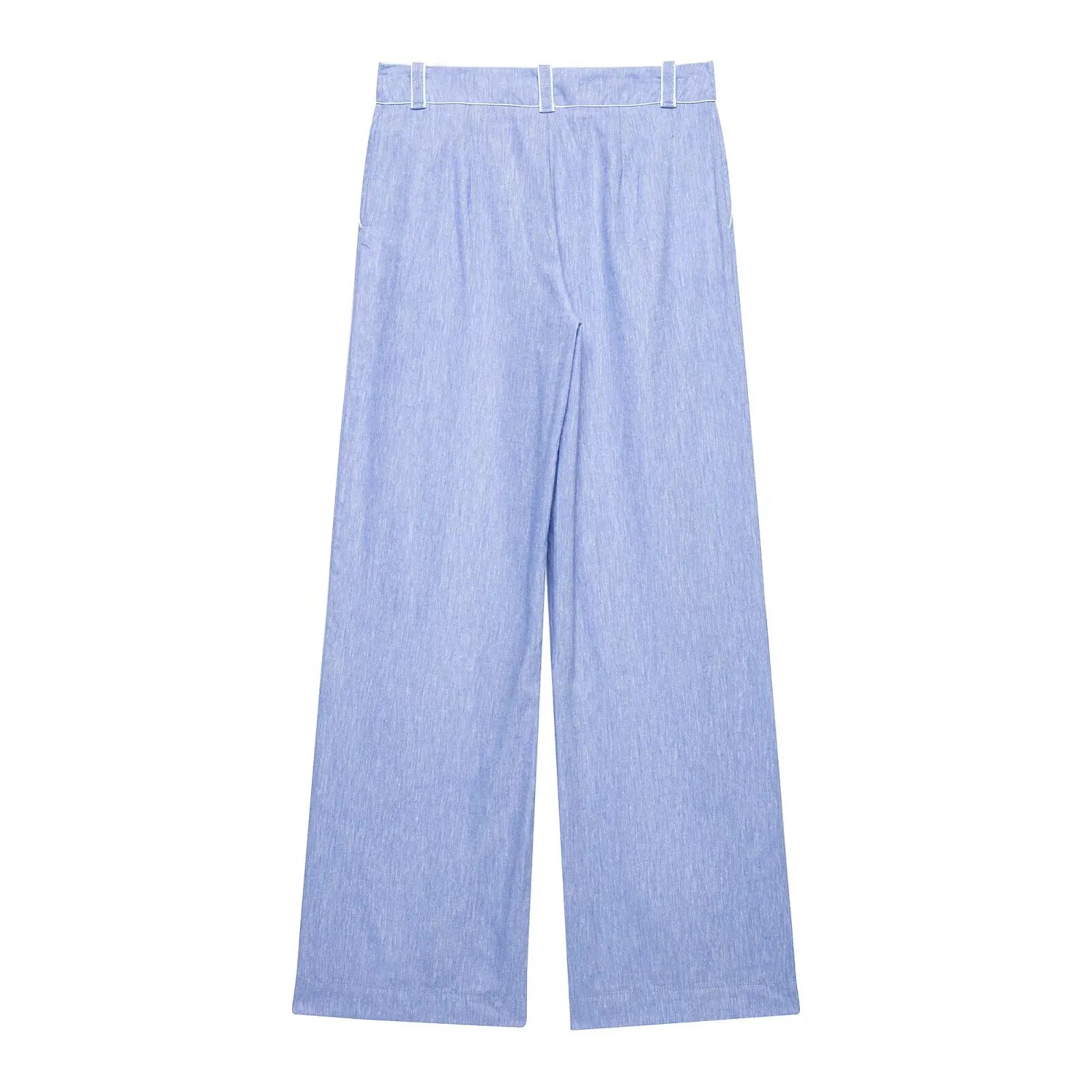 Women's High-Waist Pants Set Two Piece New 2026 Summer V-Neck Blouse with Piping and Straight Leg Pants Chic Female Outfit