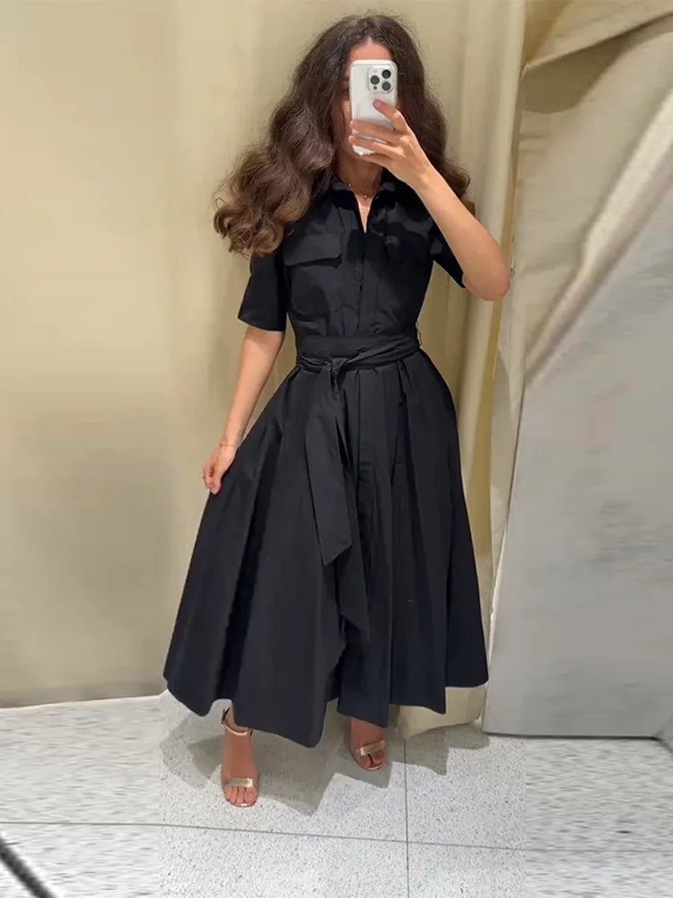 Elegant Belt Women Long Black Dress Full Sleeve Pleated Lapel Waist-Closed Female  A Line Dresses 2026 Spring Lady Robes New