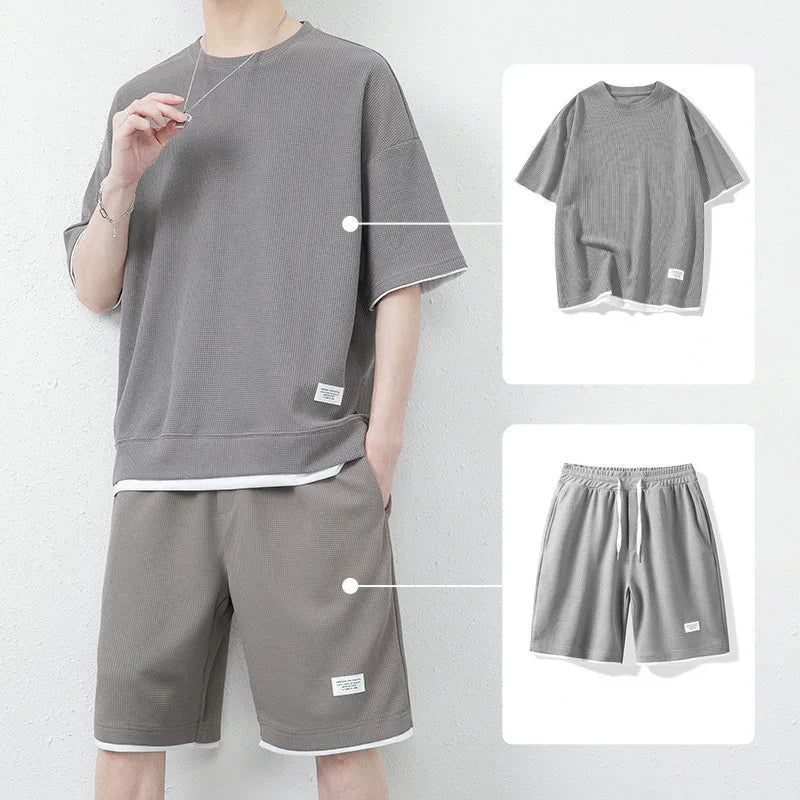 Summer Solid Waffle Tracksuits 2026 Men's Short Sleeve Shorts Casual Two Piece Sets Loose Breathable Men Clothes Joggers Outfits