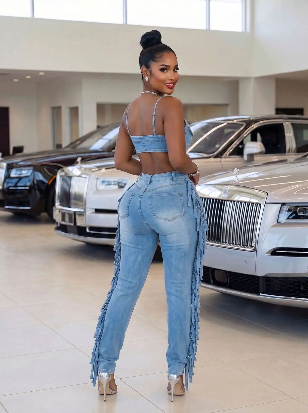 Tassel Jeans Stretch Jumpsuit Sexy Women Spaghetti Strap Elegant Hollow Out Denim Club Romper Overalls
