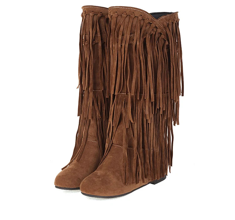 2025 New High Boots Women Bohemian Flock Tassle Mid-Calf Boots Wedge Booties Autumn Winter Ethnic Casual Shoes zapatos de mujer