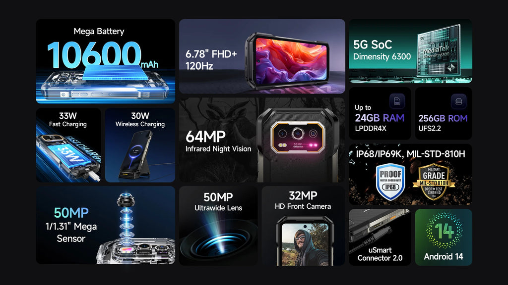 Ulefone Armor 27 Pro 5G 10600mAh Smartphone 50MP Camera 64MP Night Android 14 Rugged Phone Up to 24GB+256GB NFC Waterproof Phone