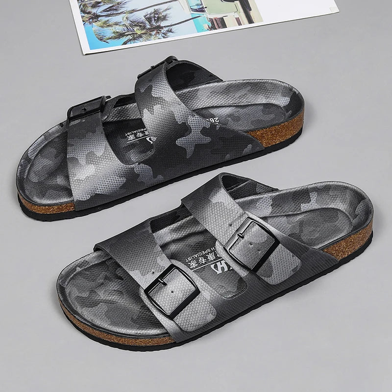 Summer Men Women Cork Slippers Clogs Microfiber Leather Slides Casual Slip On Sandal Double Buckle