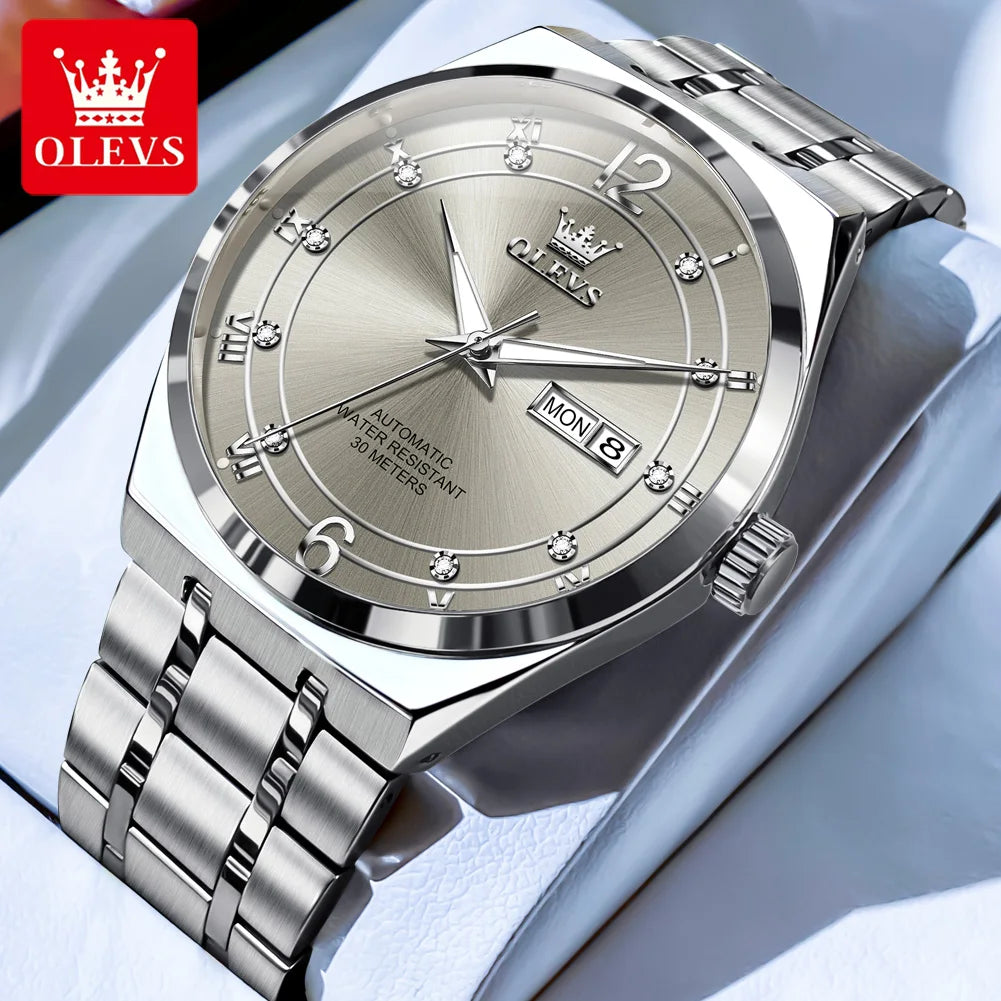 OLEVS 7068 Mens Watch Original Automatic Menchanical Wristwatch Waterproof Luminous For Men Sport Date Dual Calendar Design