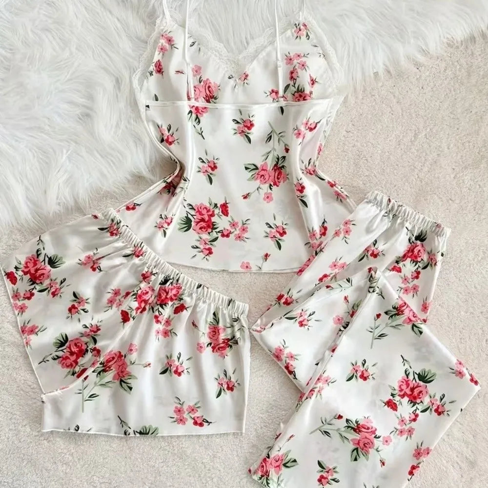 Satin Ice Silk Women's Printed Pajamas Set Lace-Trimmed V-Neck Floral Printed Ice Silk Suspender Sleepwear Sleeveless