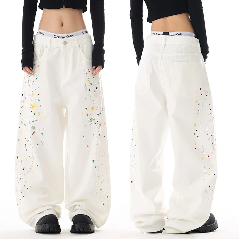 Men's Color Ink White Denim Jeans Cityboy Streetwear Fashion Hip Hop Loose Casual Wide Leg Baggy Jeans Y2k Pants