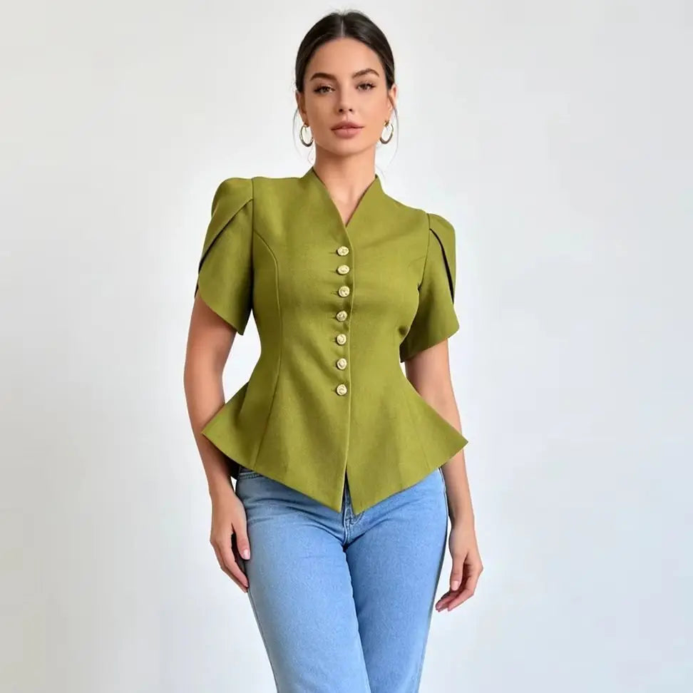 LIMO Peplum Blazer Top with V-Neck, Puff Sleeves and Decorative Buttons