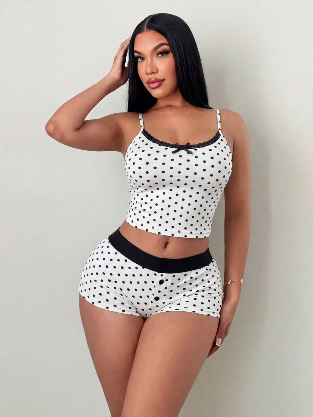 Fashion polka dot lace camisole home suit set, pure desire spicy girl style pajamas two-piece set, short