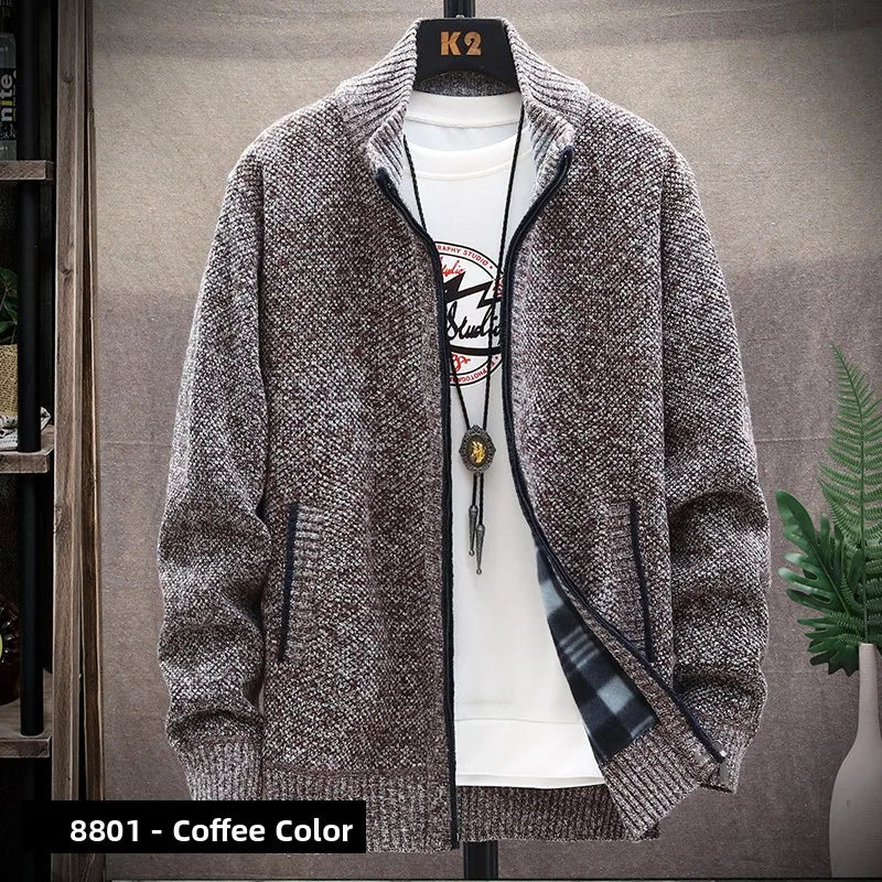 Men's Knitted Sweater Cardigan Thickened Fleece Hooded Casual Style Warm Outerwear Autumn Winter New Arrival Korean Version