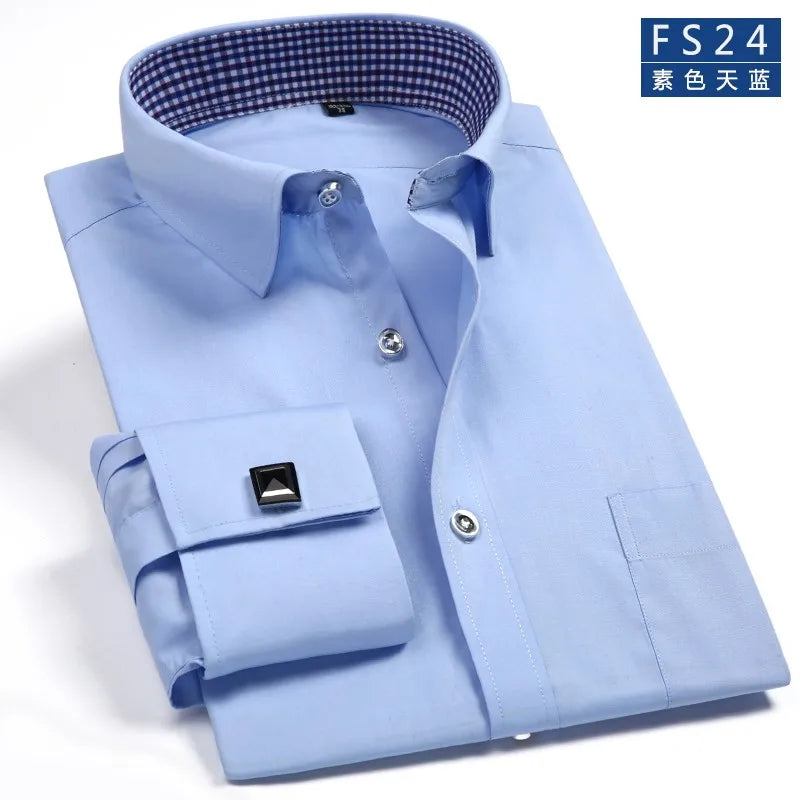 2025 Classic Regular Fit White French Cufflinks Men's Business Dress Long Sleeve Shirt Lapel Men Social Shirt