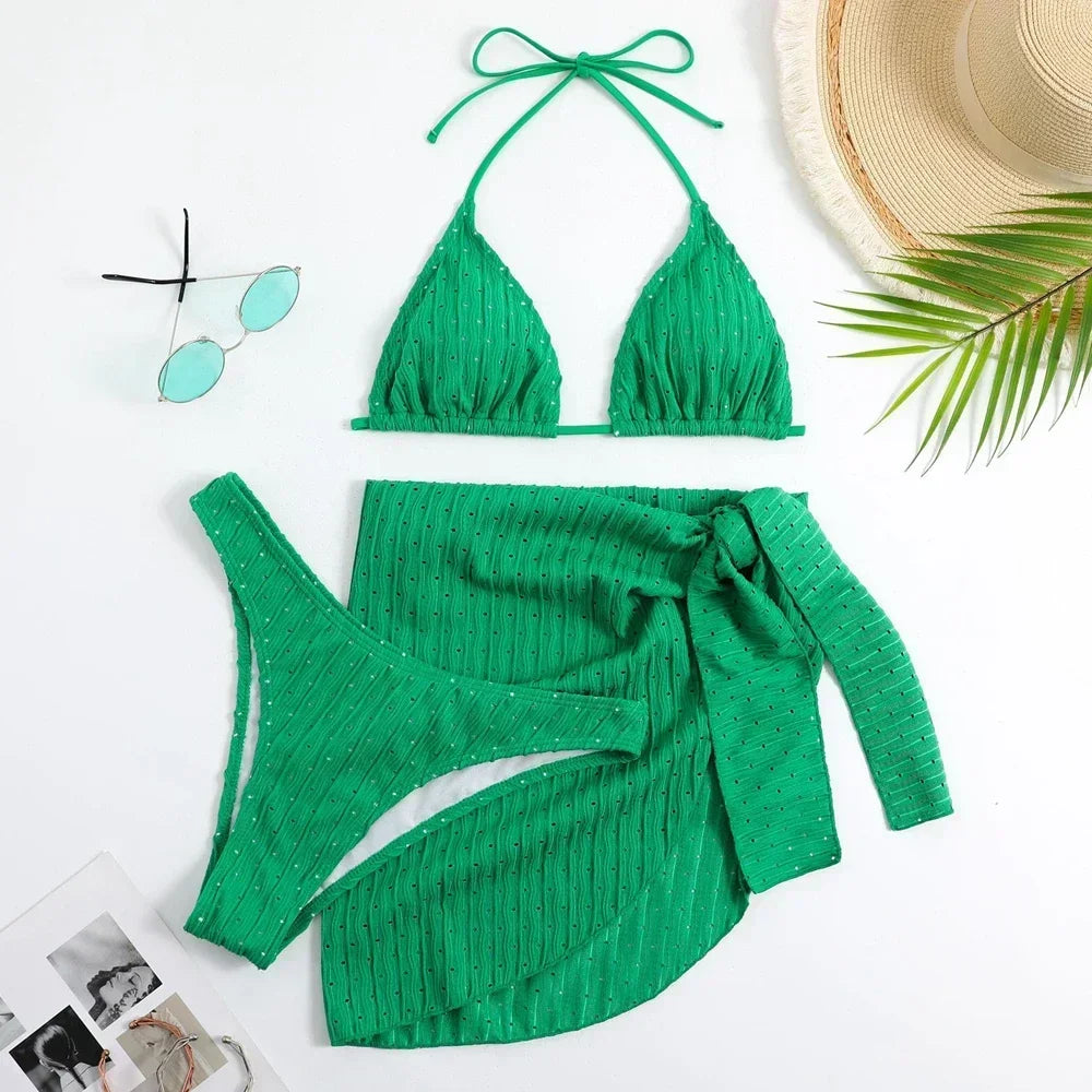 Trendy Women's 3 Piece Halter Bikini Set Sexy Thong Swimsuit Summer Bathing Suit Cover Up Thong Swimwear Biquini Brasileiro
