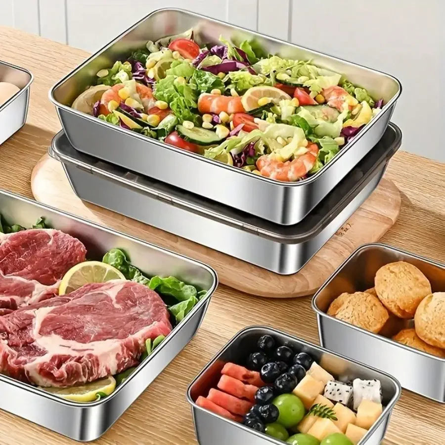 3/5-Piece Set Of High-Quality Leak Proof Stainless Steel Food Storage Containers - Made Of 410 Heavy-Duty Stainless Steel Material, Reusable And Stackable With Sealed Lids For Freshness Preservation, Suitable For Salad, Fruit