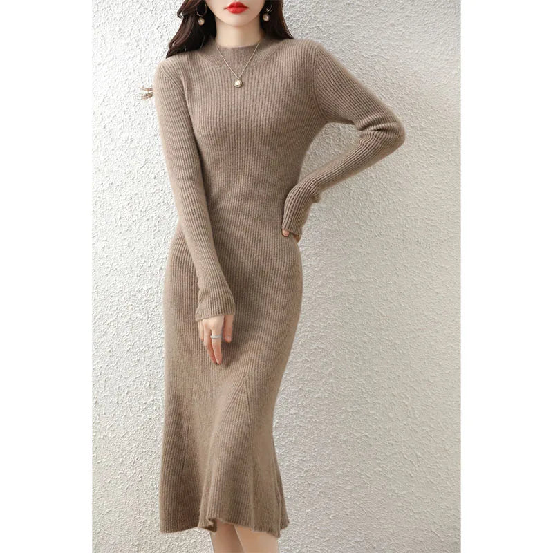 Cashmere Sweater Women's Knitted Dresses 100% Merino Wool O-Neck Elegant Party Dress Autumn Winter Female Pullover Casual Skirts