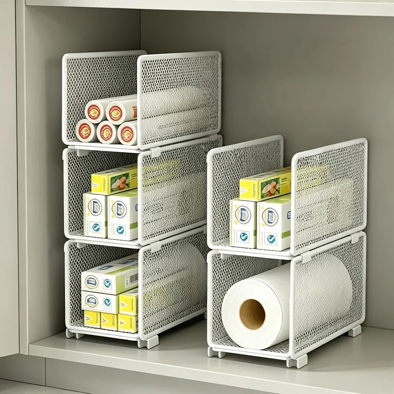 Stackable Kitchen Storage Baskets, Organizer for Kitchen Paper, Plastic Wrap, and Spice Jars, Household Cabinet Storage Racks