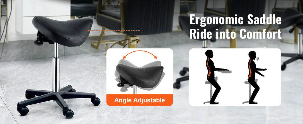 SucceBuy Ergonomic Saddle Stool w/ 5 Swivel Casters 360° Rotation 20.1-28 in Height Adjustable Round Stool for Bar Salon Office