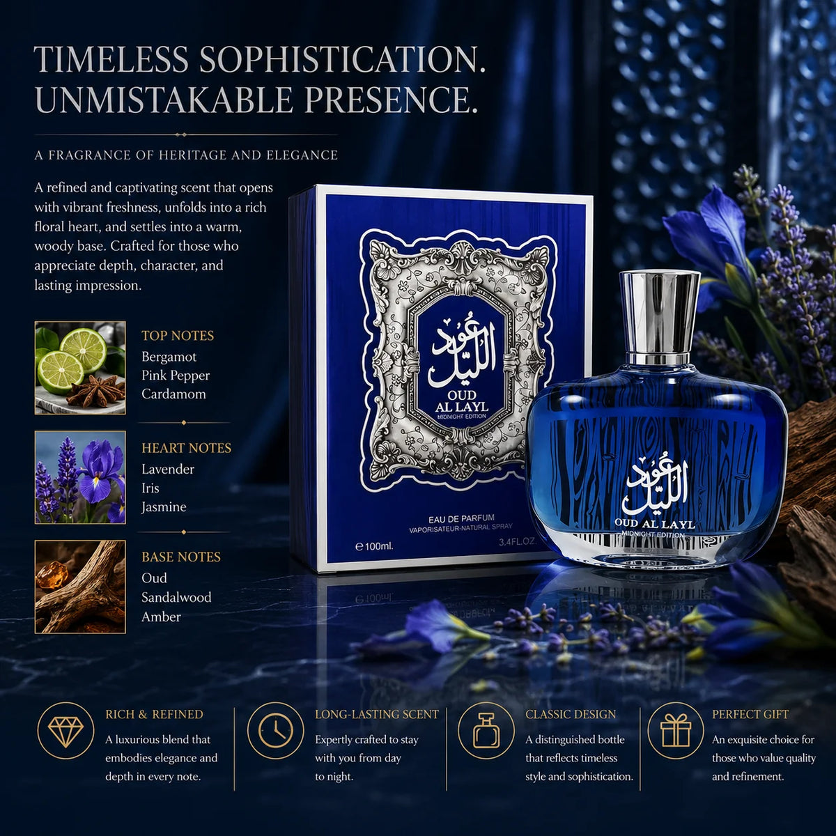 Luxury Oriental Oud Al Layl Eau De Parfum Long Lasting Fragrance Spray For Men And Women Arabian Perfume Body Mist Scent