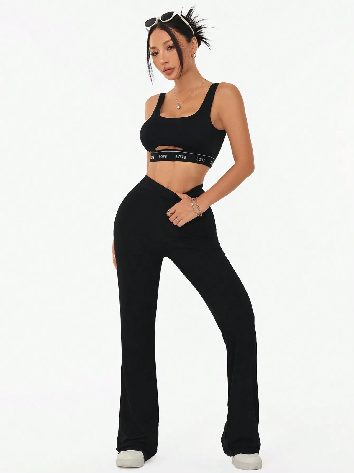 Women Letter LOVE Band Cutout Sports Bra Ribbed U Neck Padded Crop Top Wide Strap Fitness Yoga Workout Athletic Bralette