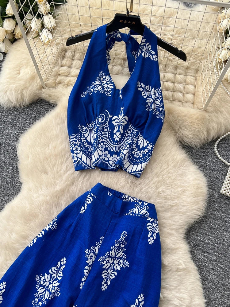 Women's Summer Two Pieces Bohemian Vacation Printed Halter Neck Sleeveless Top High Waist Wide Leg Pants Two-piece Set TP044