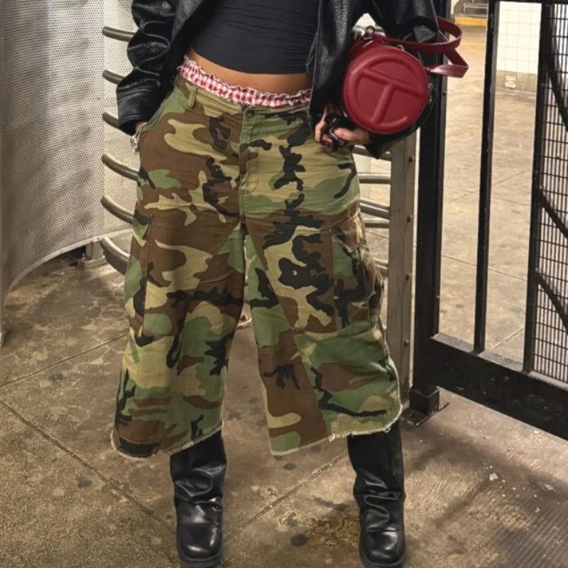 Women Mid Length Pant Vintage Camouflage Cargo Pants High Waist Trousers Capris Y2k Streetwear Elegant Work Casual Loose 2026