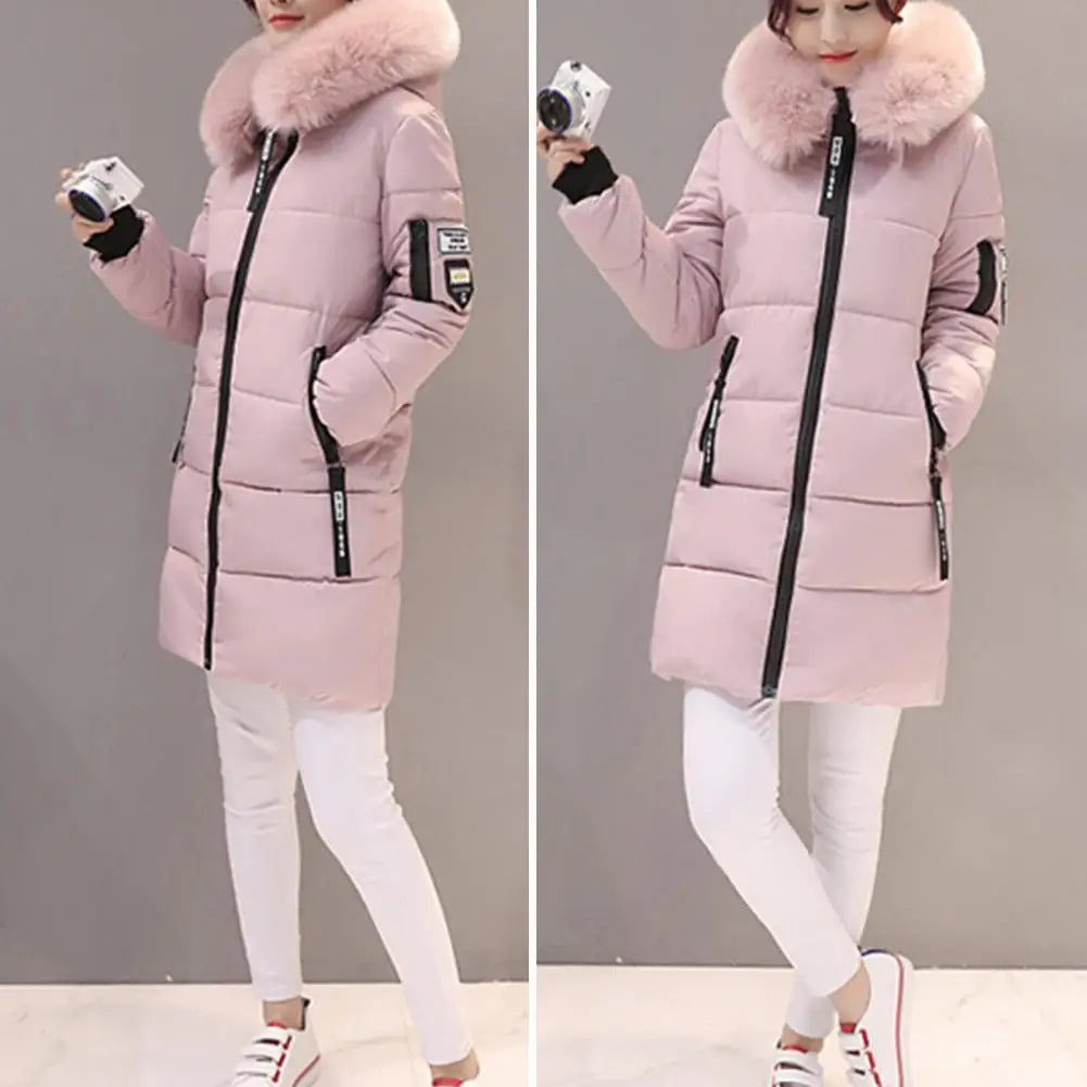Fashion Women Winter Cotton Coat Parka Thickened Padded Stuffed Hooded Mid Length Warm Zip Up Slim Lady Down Coat Long Overcoat
