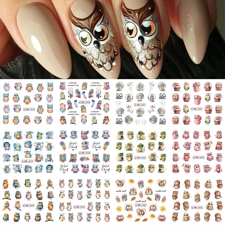 12Design Autumn Animal Nail Art Water Sticker Cartoon Owl Squirrel Fox Hedgehog Transfer Slider Fall Theme Fruits Manicure Decor