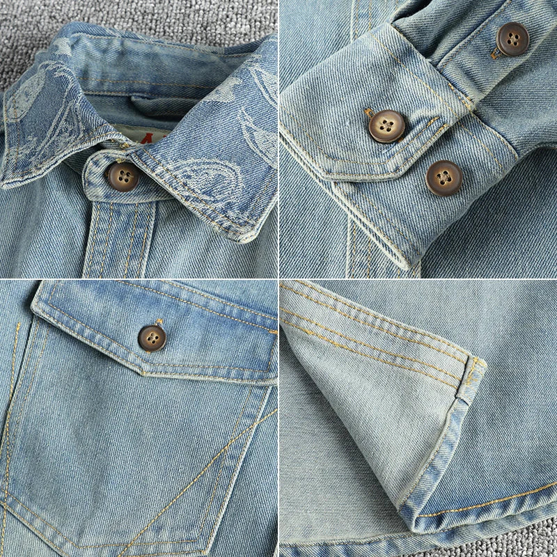 Heavy collar cashew flower embroidery design sense of British vintage denim shirt men's autumn trend coat with long sleeves
