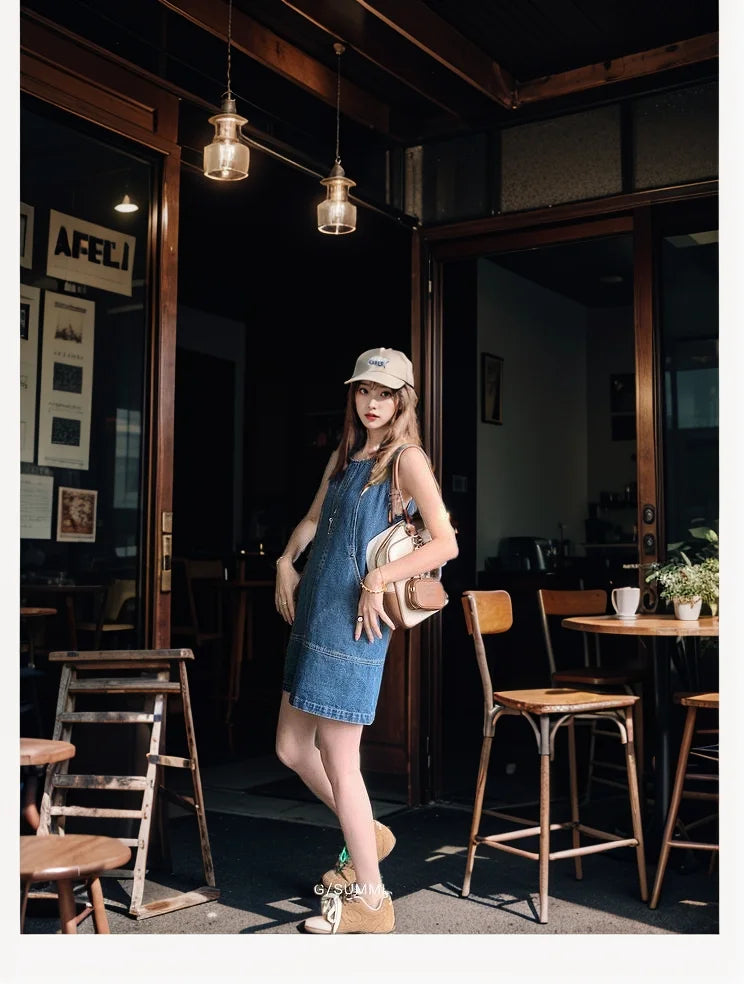 Retro Vest Denim Dress 2025 Summer Fashion Temperament Stitching A Word Street Style Women's Short Skirt