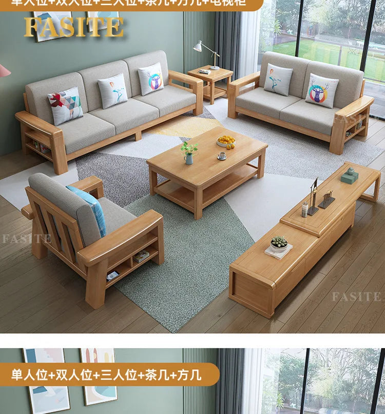 Nordic solid wood three-person sofa, modern simple fabric, small apartment concubine coffee table combination furniture