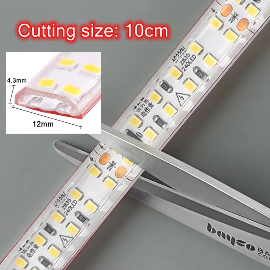 12MM Width SMD 2835 LED Strip 240LEDs/M AC220V Flexible Cuttable Soft Lamp IP68 Waterproof Warm/Neutral/White Light With EU Plug