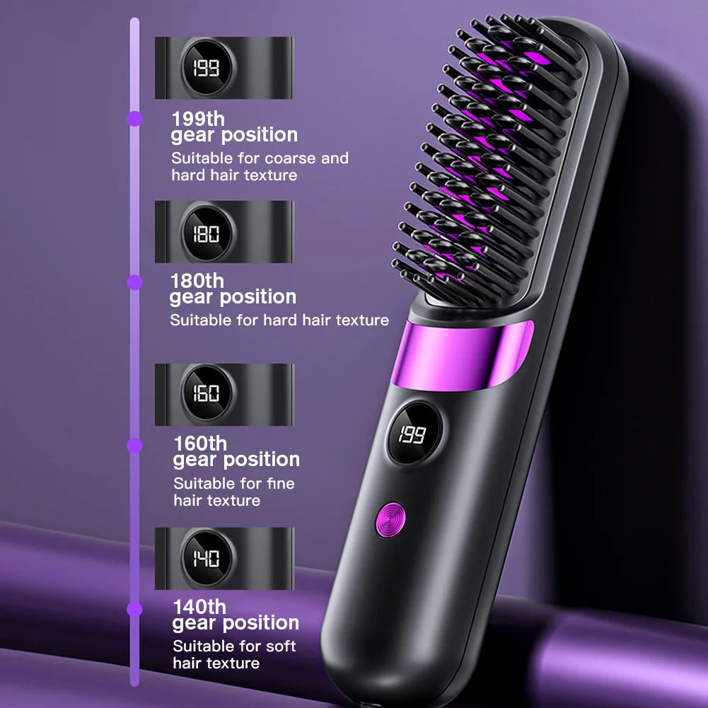 Portable Hair Straightener Cordless Comb with Negative Ion Fast Heating Rechargeable Brush for Straightening and Curling
