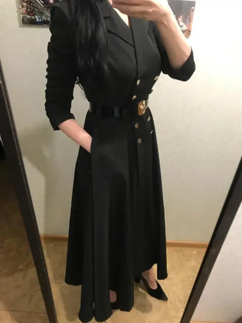 Modigirl 2025 Fall Spring Women’s Simple Black Maxi Dresses V-neck Formal Office Urban Winter Buttoned Dresses for Woman