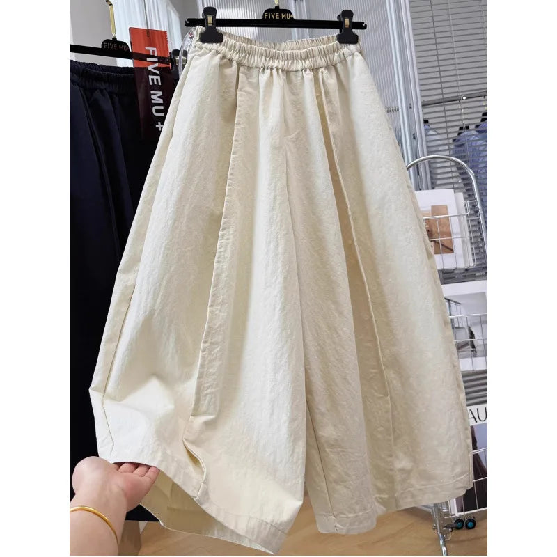 Women Elastic Waist Loose Wide Leg Cropped Casual Pants Lightweight Baggy Culottes