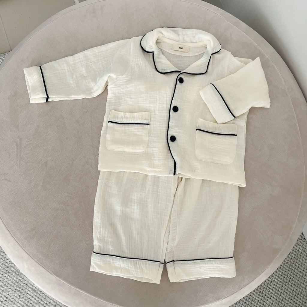 2026 New Children's Cotton Pajamas Set Soft Loose Boys Girls Clothing Turn-down Collar Button Shirt Trousers 2 Pcs Suit Pijamas