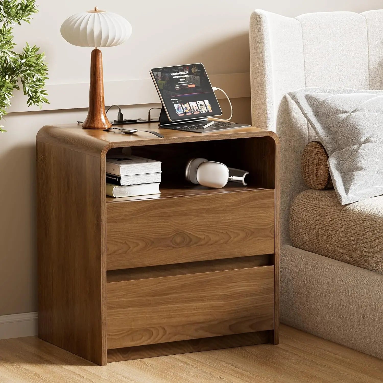 Modern Nightstand Set of 2 23.8" Walnut Nightstands with Hidden Drawers Wood Modern Bedside Table Curved Profile, Customized