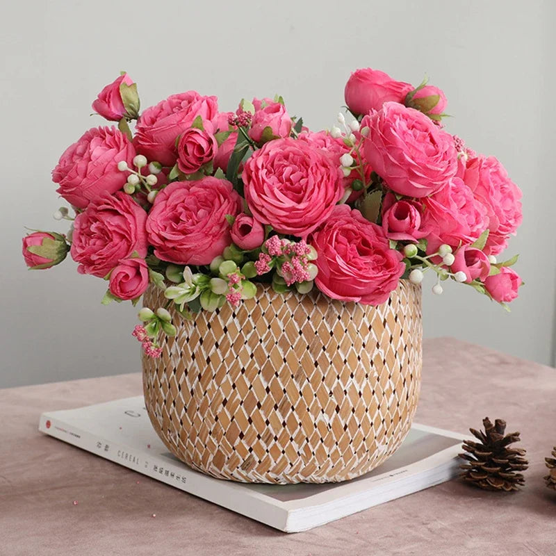 30cm Rose Pink Silk Peony Artificial Flowers Bouquet 5 Big Head and 4 Bud Cheap Fake Flowers for Home Wedding Decoration indoor