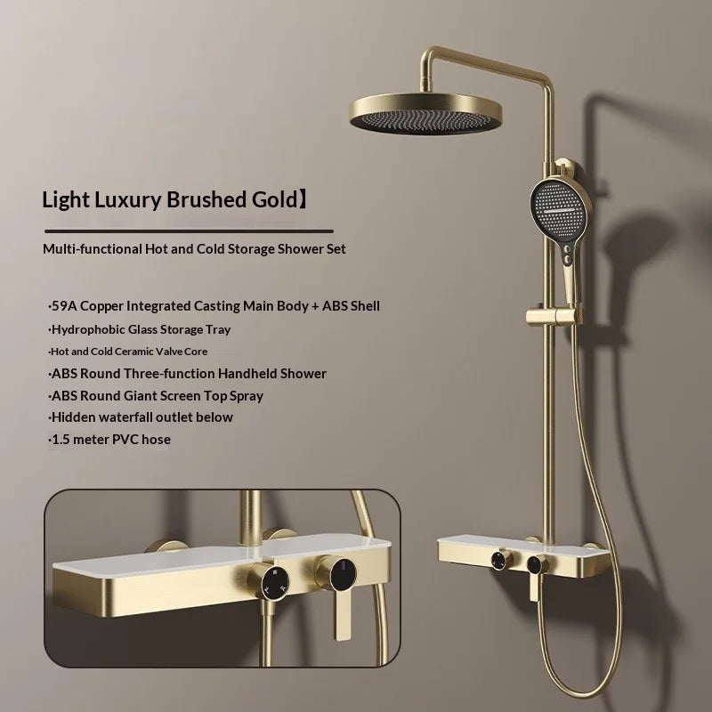 Premium All Copper Shower Set with Heated Waterway Shelf Dual Valves Hot Cold Multi Function High Pressure Shower Head Shower