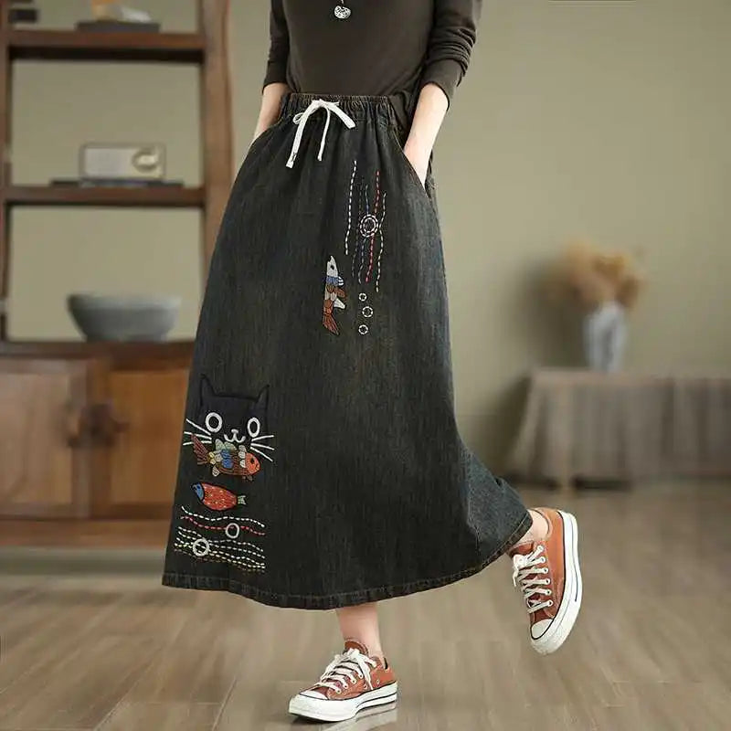 2026 Women's Denim Skirts Retro Cartoon Animal Embroidery Casual Half Skirts Spring Summer High Waist Fashion Loose Midi Skirts