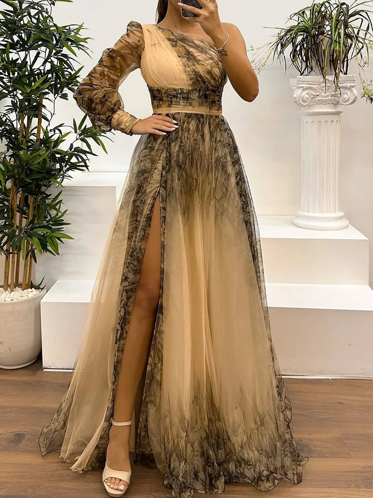 One Off Shoulder Fashion Simple Maxi Dress, Women Spring Autumn Skew Collar Chic Party Dress, Long Sleeve Patchwork Ladies Dress
