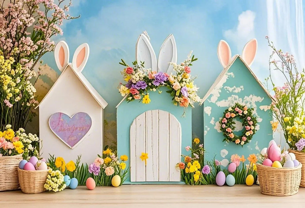 Happy Easter Day Photography Background Blue Wood Board Easter Egg Spring Flower Rabbit Kid Birthday Portrait Photocall Backdrop