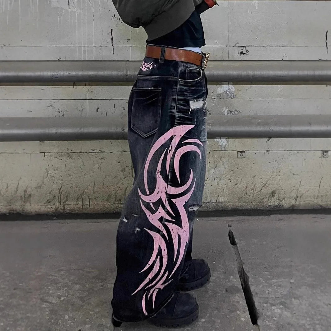 Mottled Totem Print Loose Jeans for Women Harajuku Trendy Hip-Hop Jeans Y2K American Retro High-Waist Wide-Leg Jeans for Women