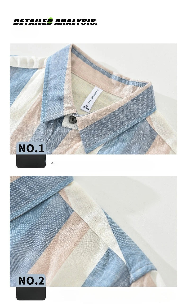 Summer New Linen and Lyocell Cooling Striped Half Sleeve Shirt for Men Casual Turn-down Collar Shirt  EC1292