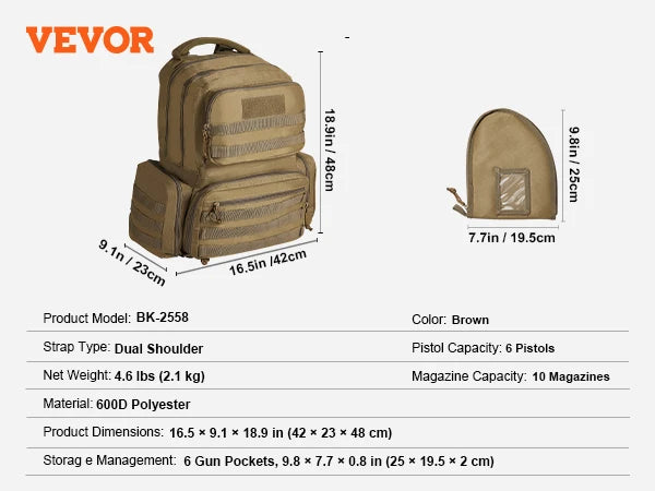 SucceBuy Tactical Range Backpack 2/6 Pistols Gun Backpack with Independent Pistol Bags and Magazines Pistol Backpack for Outdoor