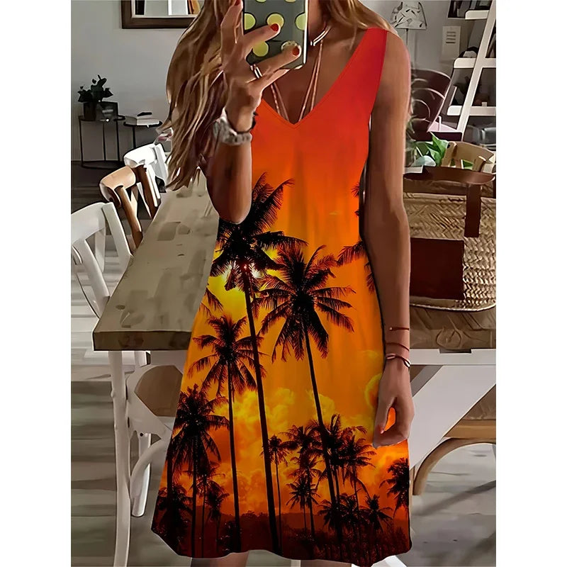 European Plus Size Ladies Sunset Coconut Tree Printed Dress Stretchy Sleeveless V Neck Loose Casual Summer Beach Mid Dress