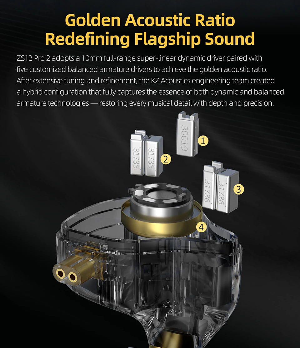 KZ ZS12 PRO 2 1DD + 5BA Hybrid HiFi In Ear Earphones Improved Bass Monitor Headphones Detachable Wire Earbuds Gaming Headest