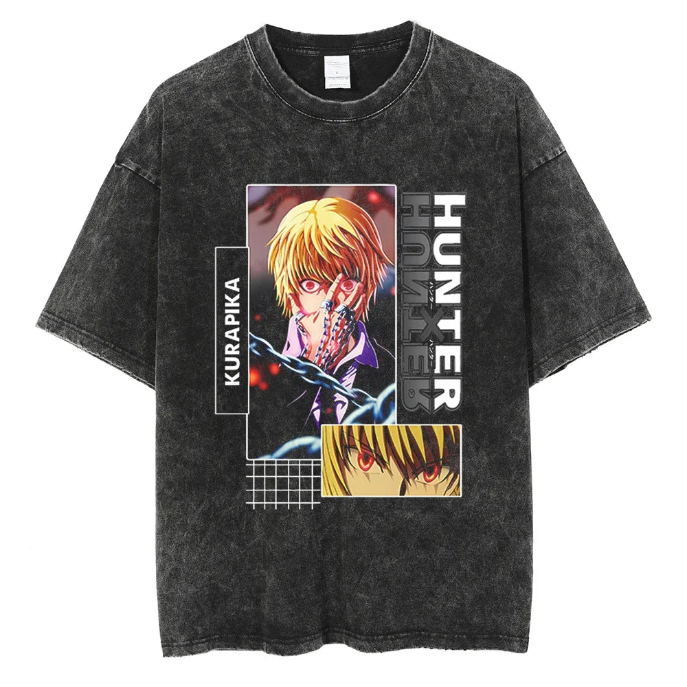 HUNTER×HUNTER T Shirt Kurapika Manga Tshirt Men Women Hip Hop Washed Cotton T-shirt Clothing Summer Short Sleeve Tees Streetwear